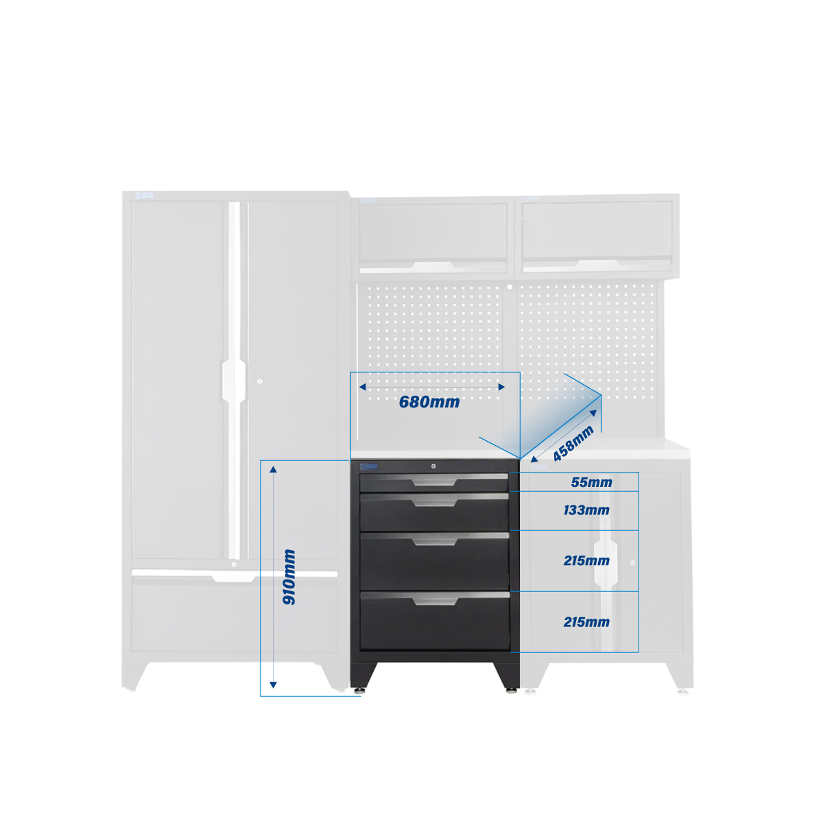 SGS 7pc Modular Garage Storage | 4 Drawers | Stainless Steel Worktop | Floor Cabinet | 2x Upper Cabinets | Tall Double Cabinet with Drawer